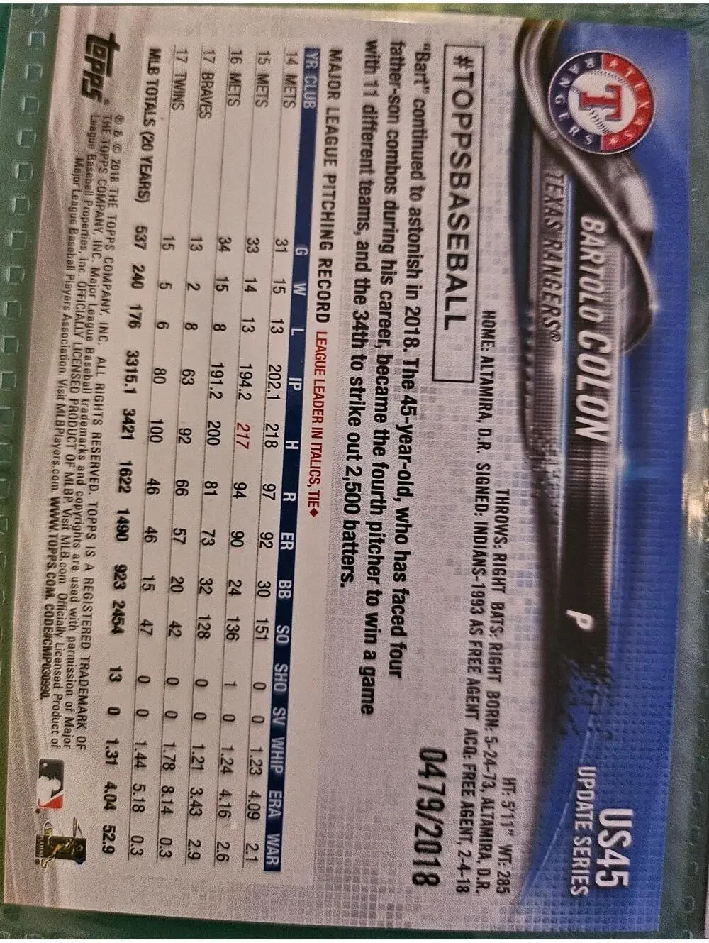 2018 Topps Update GOLD - Bartolo Colon - No.479/2018  #US45 - Rangers -RAW Mint